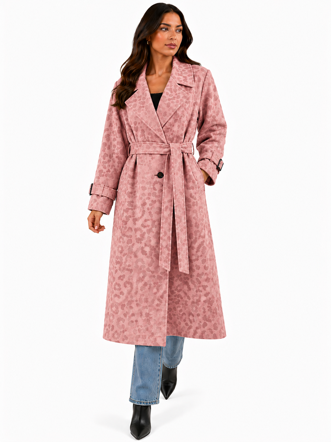 Manteau Long Chic Femme Imprimé avec Ceinture Ajustable – Taille Unique