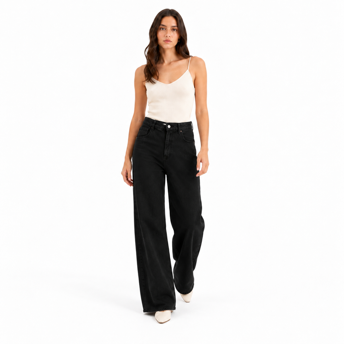 Jeans mit hoher Taille, überkreuztem Bund und weitem, geradem Bein