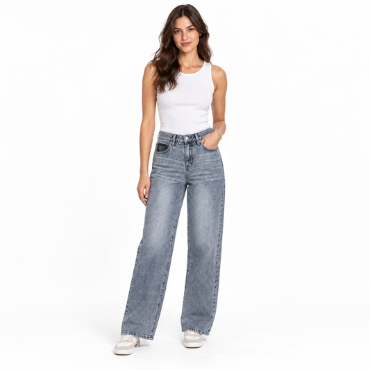 Jean Femme Coupe Large Droite avec Poche Contrastante
