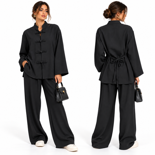 Ensemble Femme 2 Pièces Chic – Veste Col Mandarin à Attaches & Pantalon Large Fluide