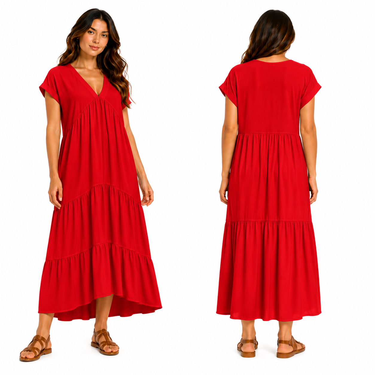 Robe Longue Fluide Femme 3 Volants – Col V Élégant & Coupe Ample Taille Unique