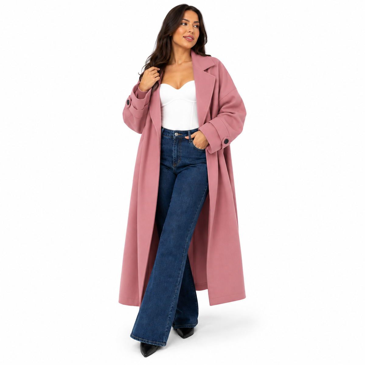 Trench 415 Hiver Long Oversize Femme Chic Ceinture Ajustable Maxi Length Boutons Effet Écaille Style Casual et Tendance