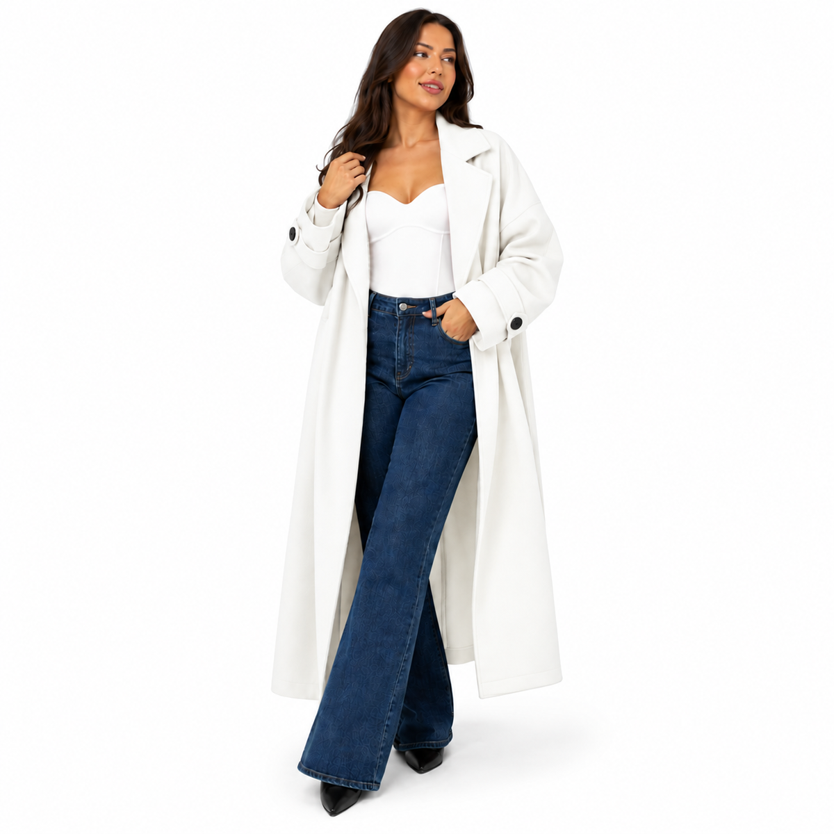 Trench 415 Hiver Long Oversize Femme Chic Ceinture Ajustable Maxi Length Boutons Effet Écaille Style Casual et Tendance