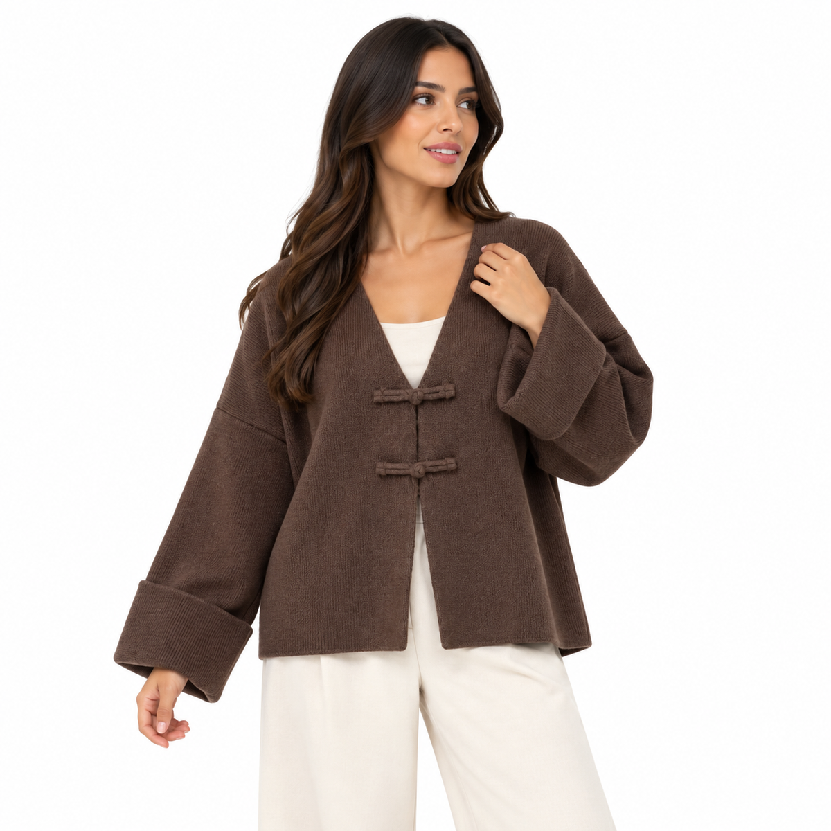 Gilet Femme Oversize Col V à Attaches Décoratives Manches Larges