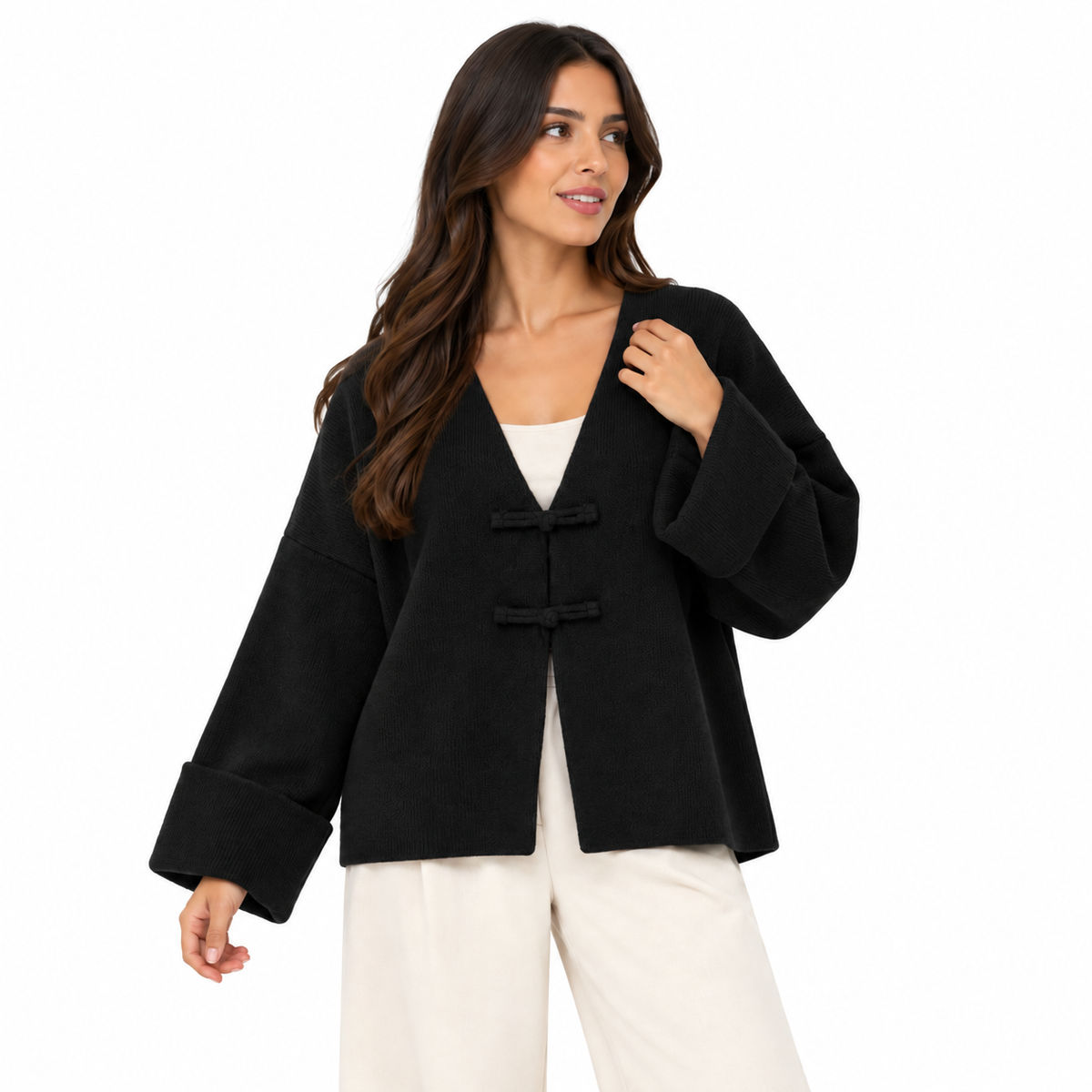 Gilet Femme Oversize Col V à Attaches Décoratives Manches Larges