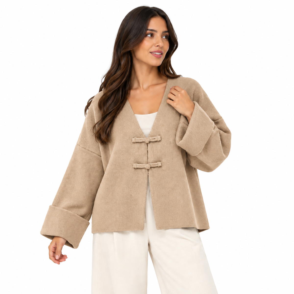 Gilet Femme Oversize Col V à Attaches Décoratives Manches Larges