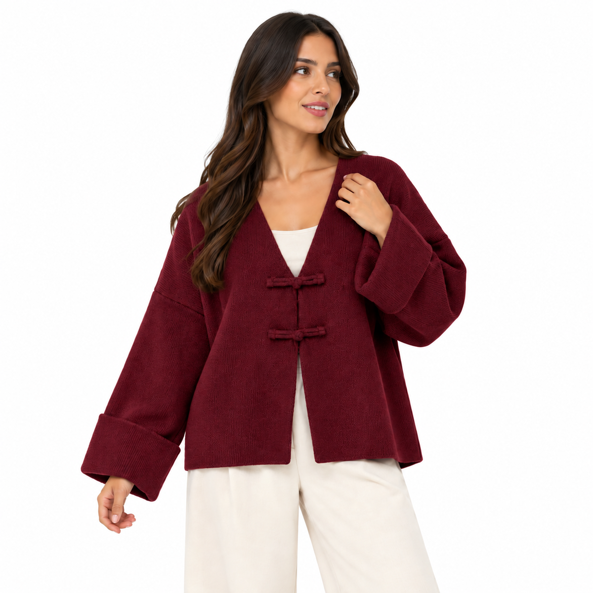 Gilet Femme Oversize Col V à Attaches Décoratives Manches Larges