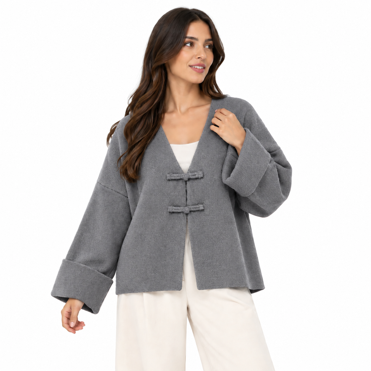 Gilet Femme Oversize Col V à Attaches Décoratives Manches Larges