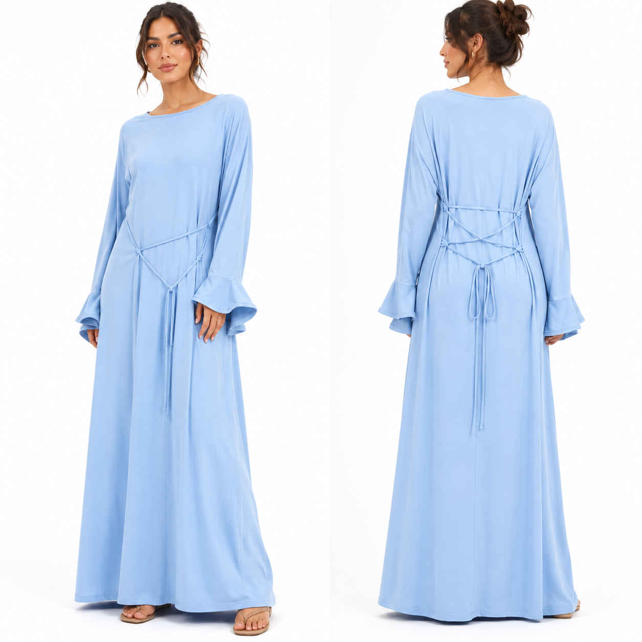 Robe Longue Fluide Femme à Nouer dans le Dos – Manches Évasées | La Boutique Anaïs