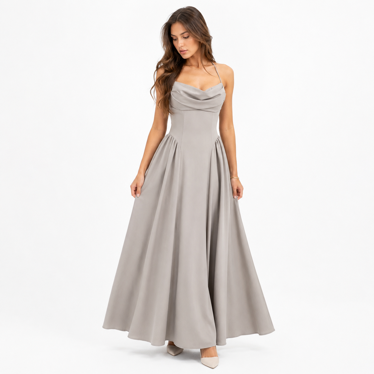 Robe Longue Fluide Col Drapé Dos Smocké avec Nœud Élégant Femme