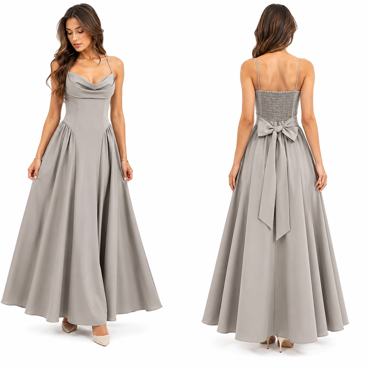 Robe Longue Fluide Col Drapé Dos Smocké avec Nœud Élégant Femme