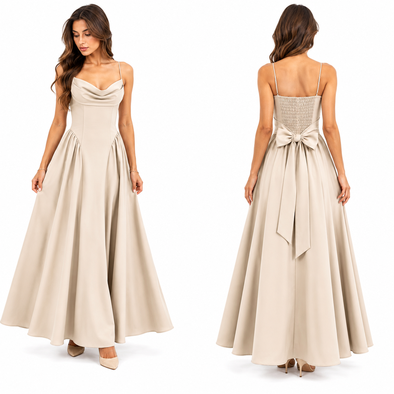 Robe Longue Fluide Col Drapé Dos Smocké avec Nœud Élégant Femme