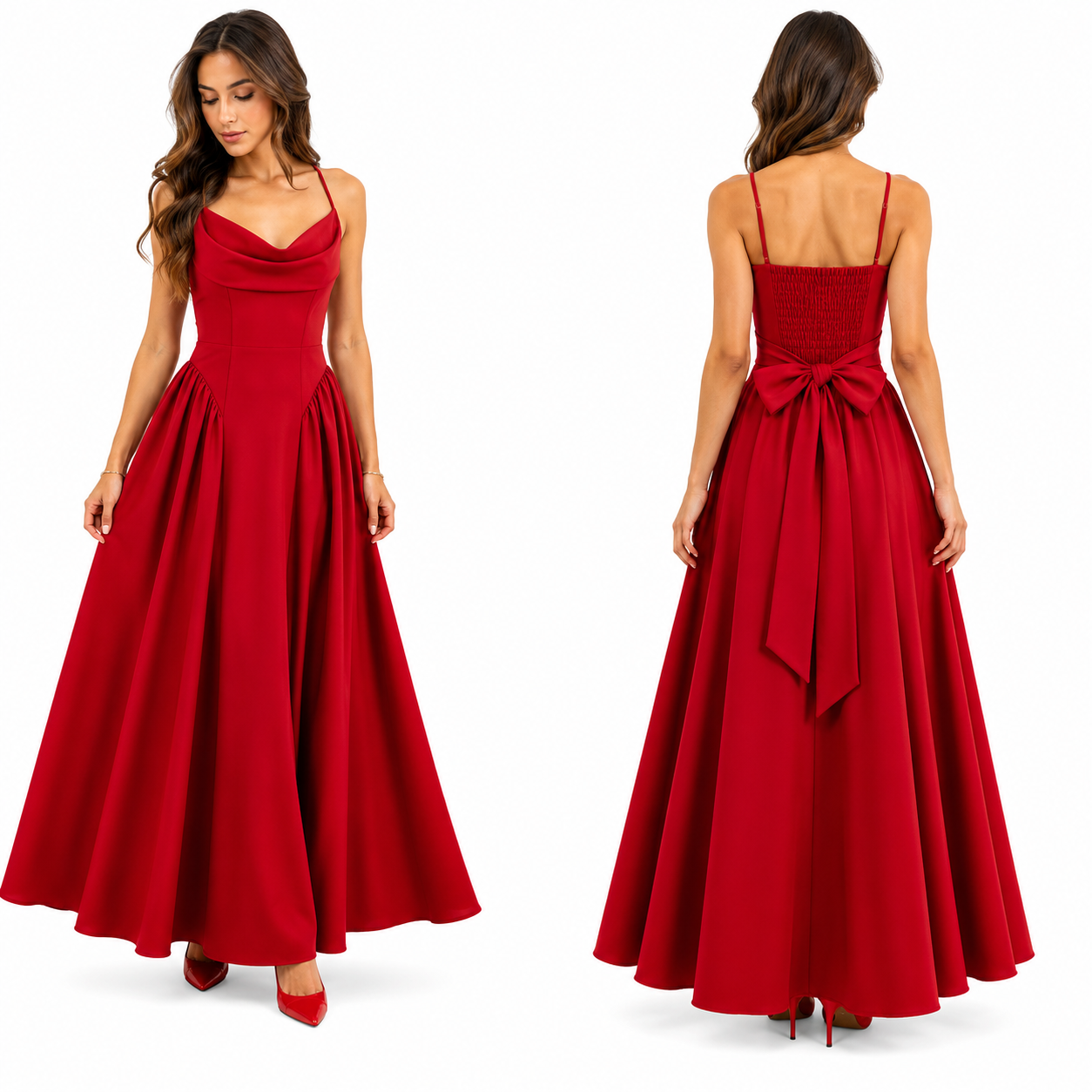 Robe Longue Fluide Col Drapé Dos Smocké avec Nœud Élégant Femme