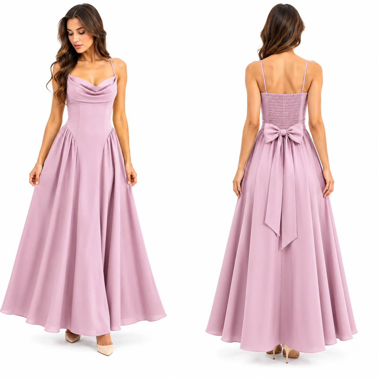 Robe Longue Fluide Col Drapé Dos Smocké avec Nœud Élégant Femme