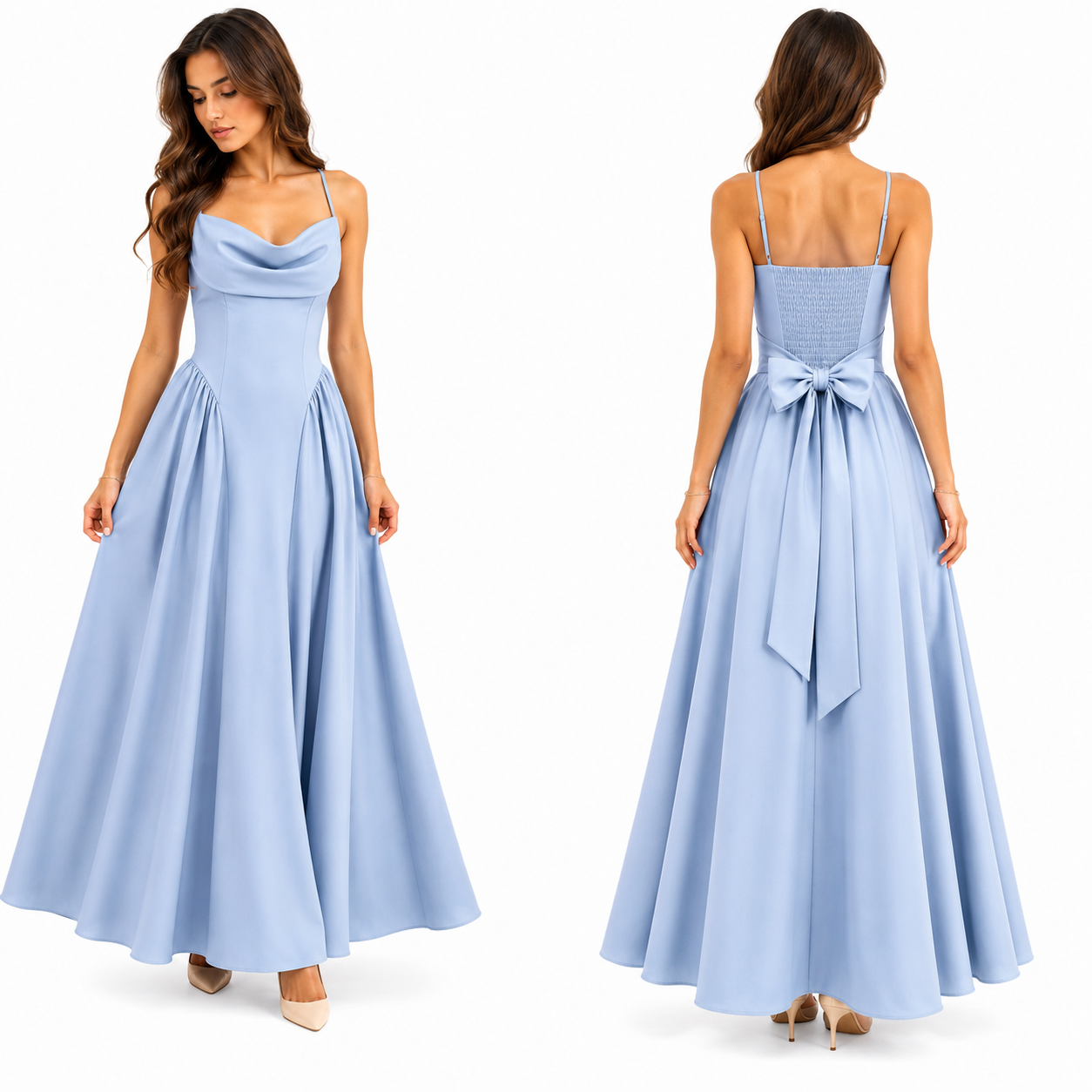 Robe Longue Fluide Col Drapé Dos Smocké avec Nœud Élégant Femme