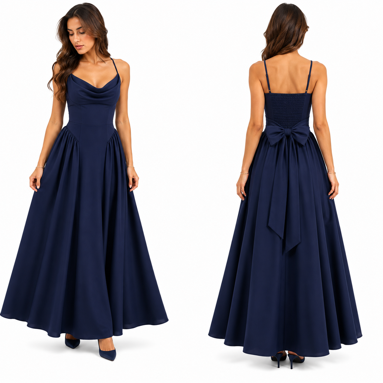 Robe Longue Fluide Col Drapé Dos Smocké avec Nœud Élégant Femme