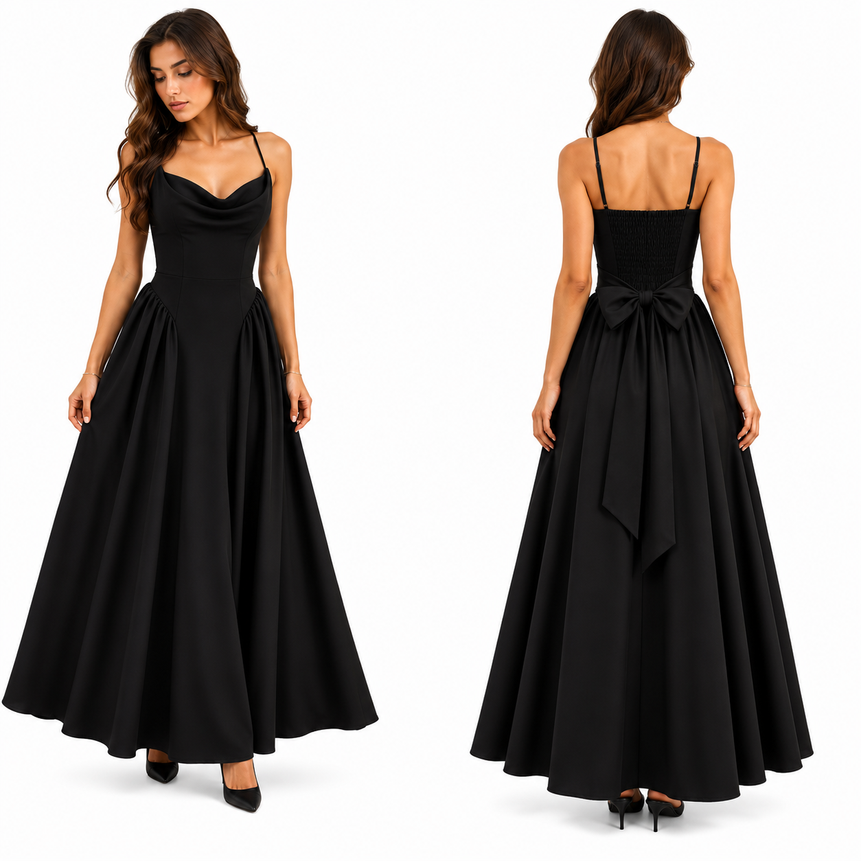 Robe Longue Fluide Col Drapé Dos Smocké avec Nœud Élégant Femme
