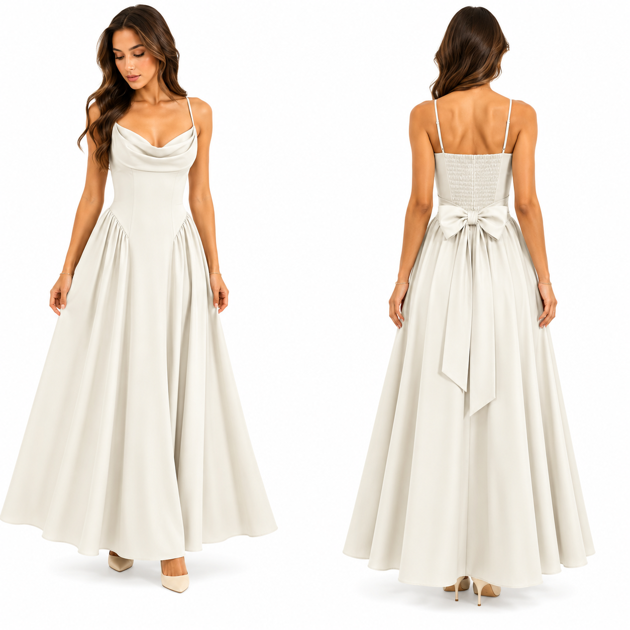 Robe Longue Fluide Col Drapé Dos Smocké avec Nœud Élégant Femme
