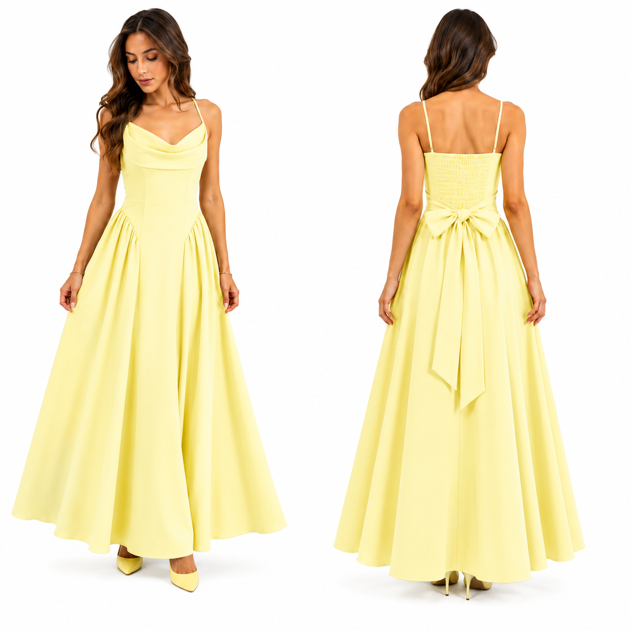 Robe Longue Fluide Col Drapé Dos Smocké avec Nœud Élégant Femme