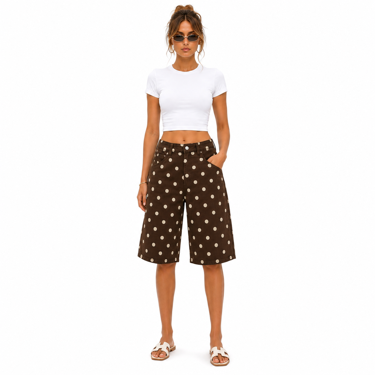 Short Bermuda Femme à Pois Coupe Ample Chic et Confortable