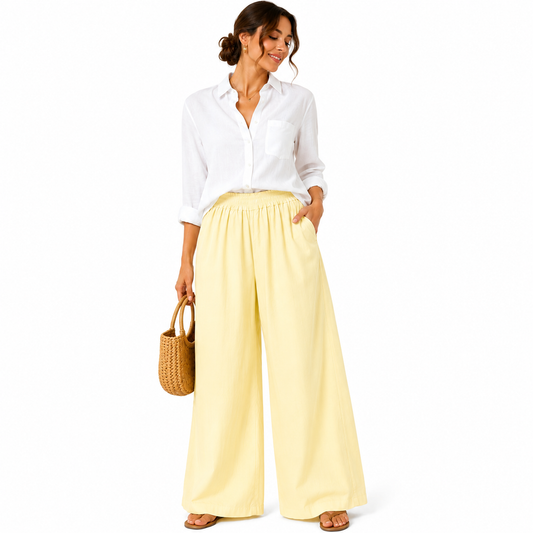 Pantalon Palazzo Femme 100% Coton Taille Élastique