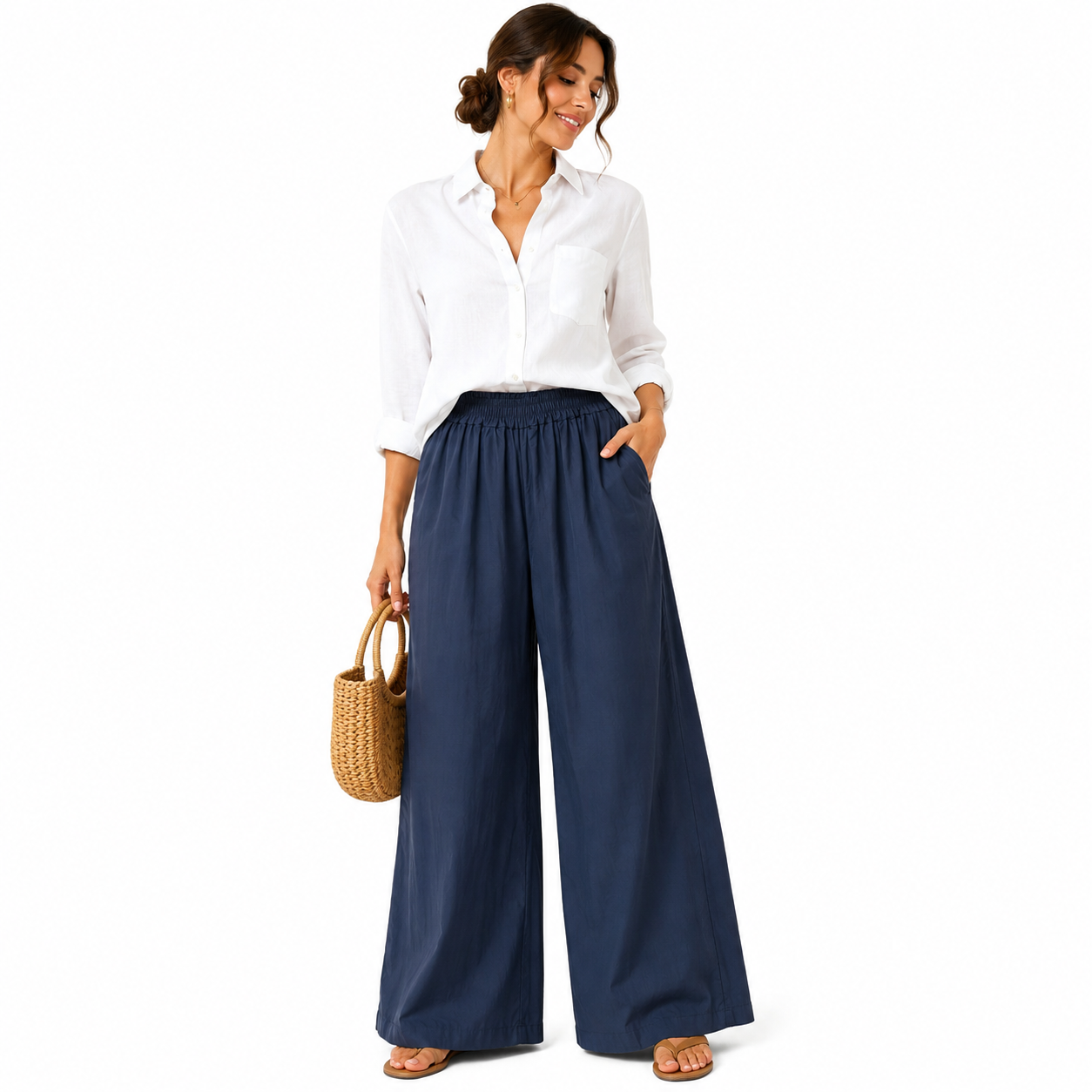 Pantalon Palazzo Femme 100% Coton Taille Élastique