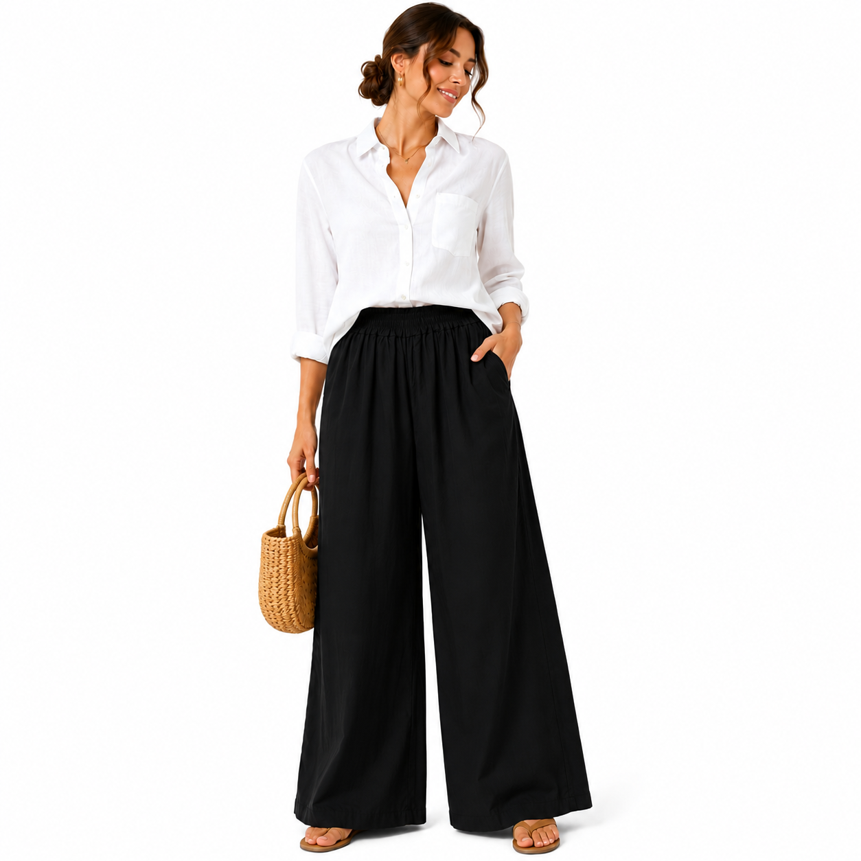 Pantalon Palazzo Femme 100% Coton Taille Élastique