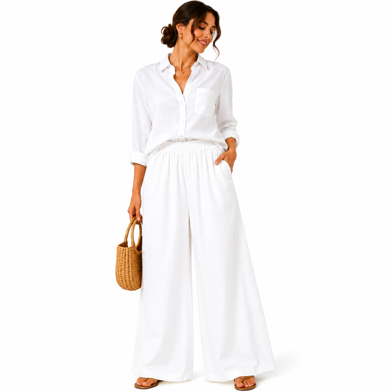 Pantalon Palazzo Femme 100% Coton Taille Élastique