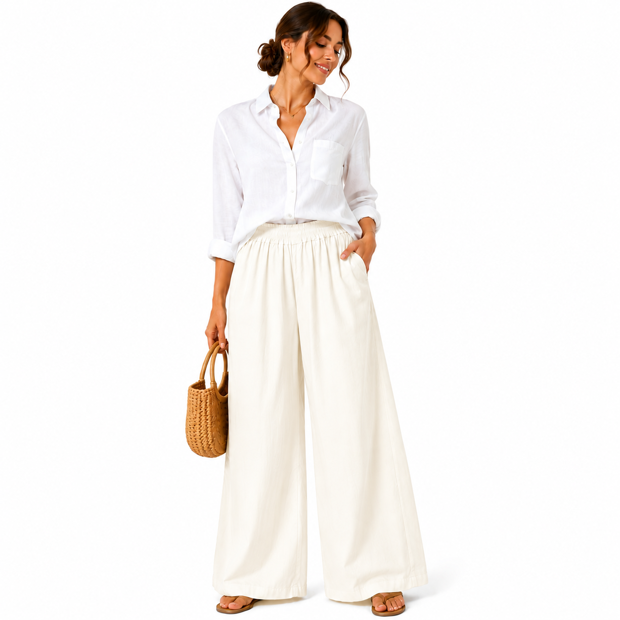 Pantalon Palazzo Femme 100% Coton Taille Élastique