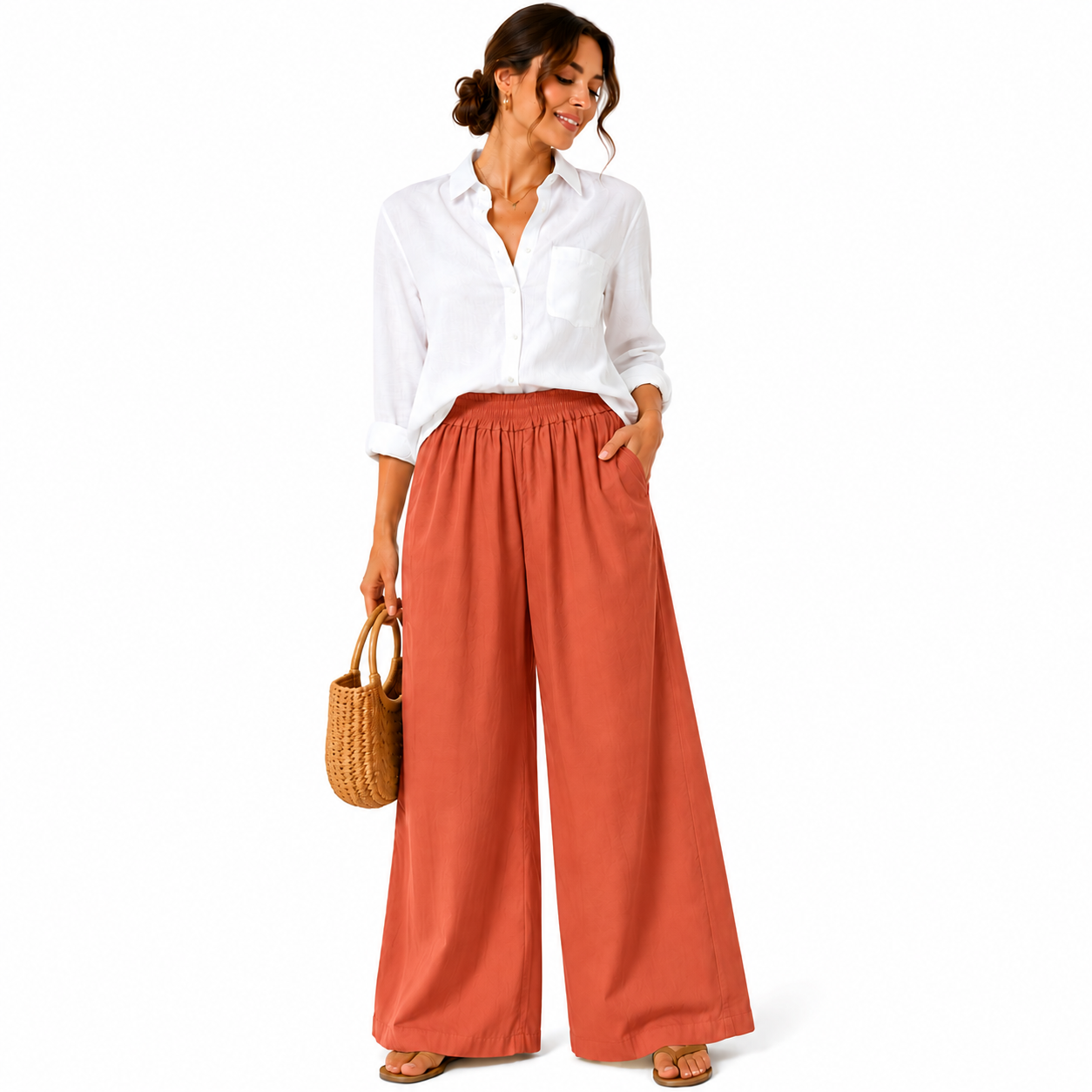 Pantalon Palazzo Femme 100% Coton Taille Élastique