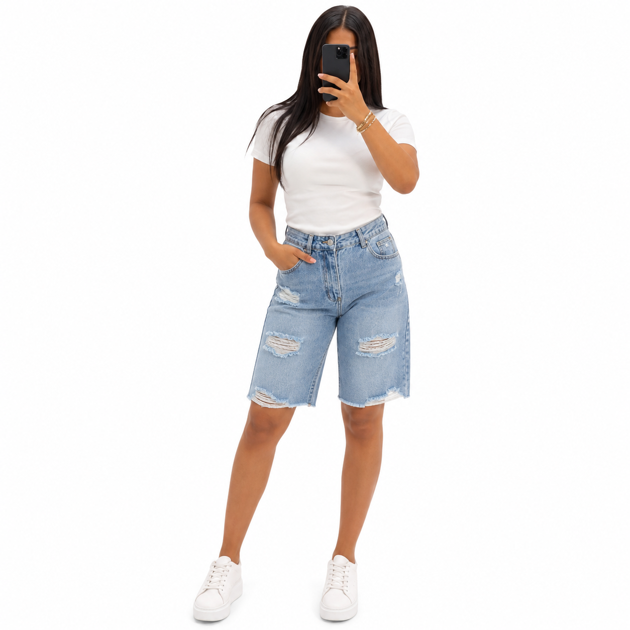 Short Bermuda Femme Jean Déchiré Taille Haute