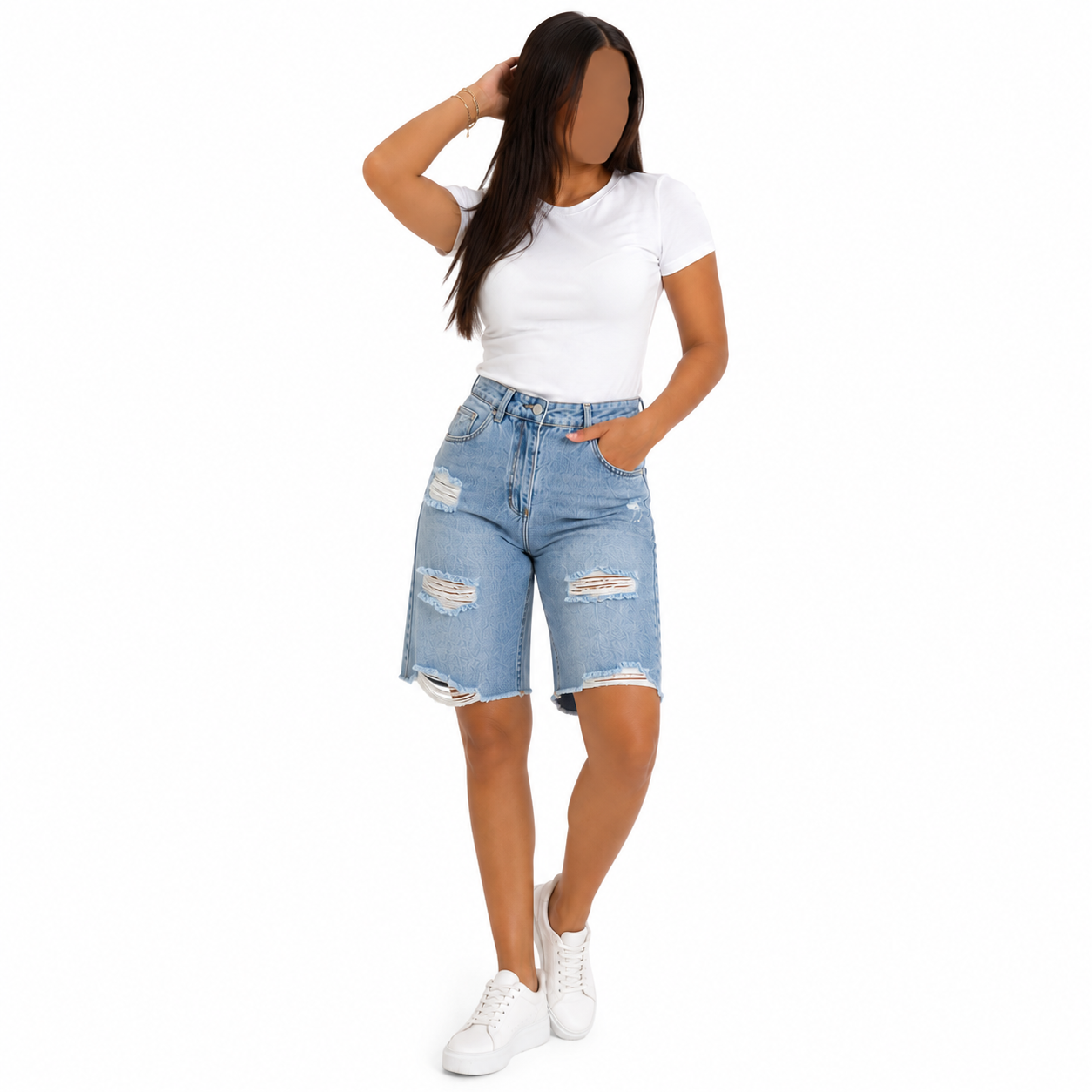 Short Bermuda Femme Jean Déchiré Taille Haute
