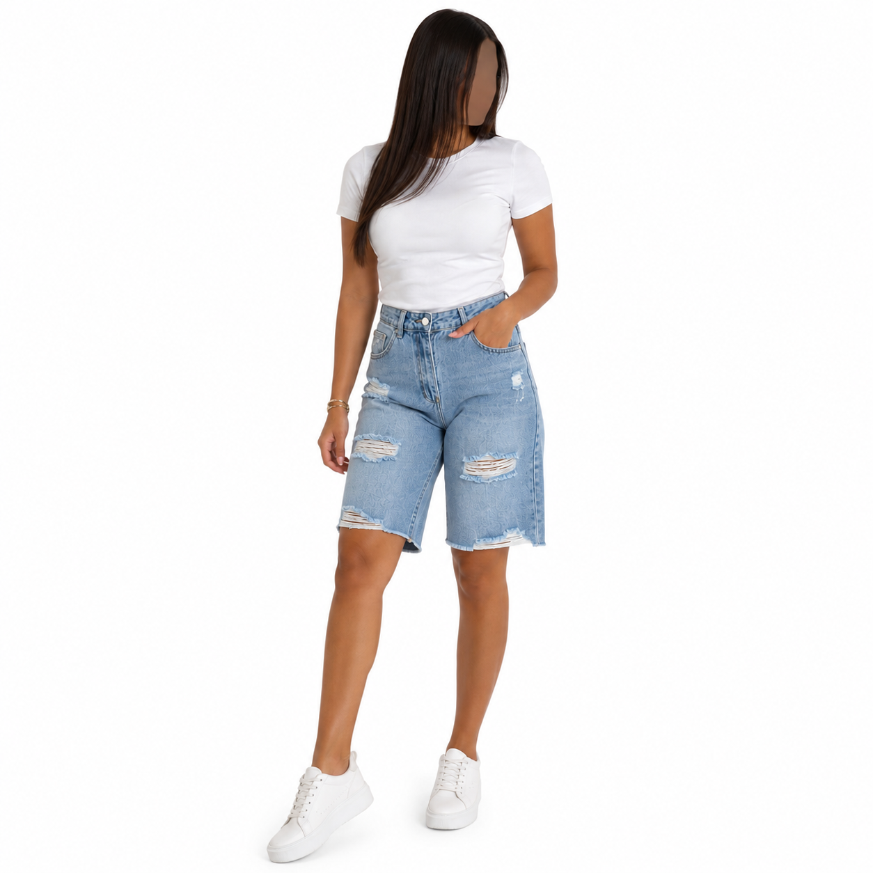 Short Bermuda Femme Jean Déchiré Taille Haute