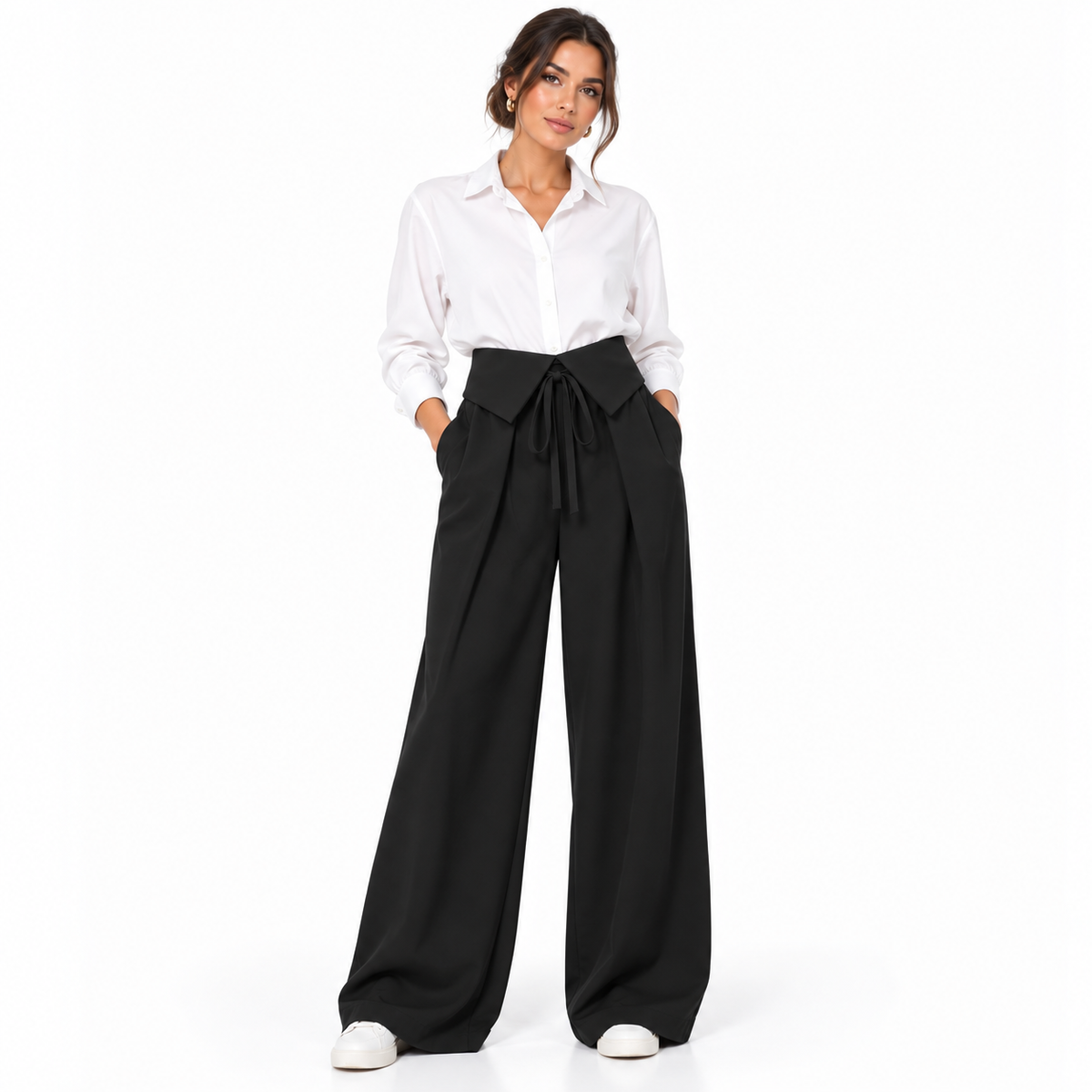 Pantalon Femme Palazzo à Rabats et Lien à Nouer, Taille Élastiquée au Dos