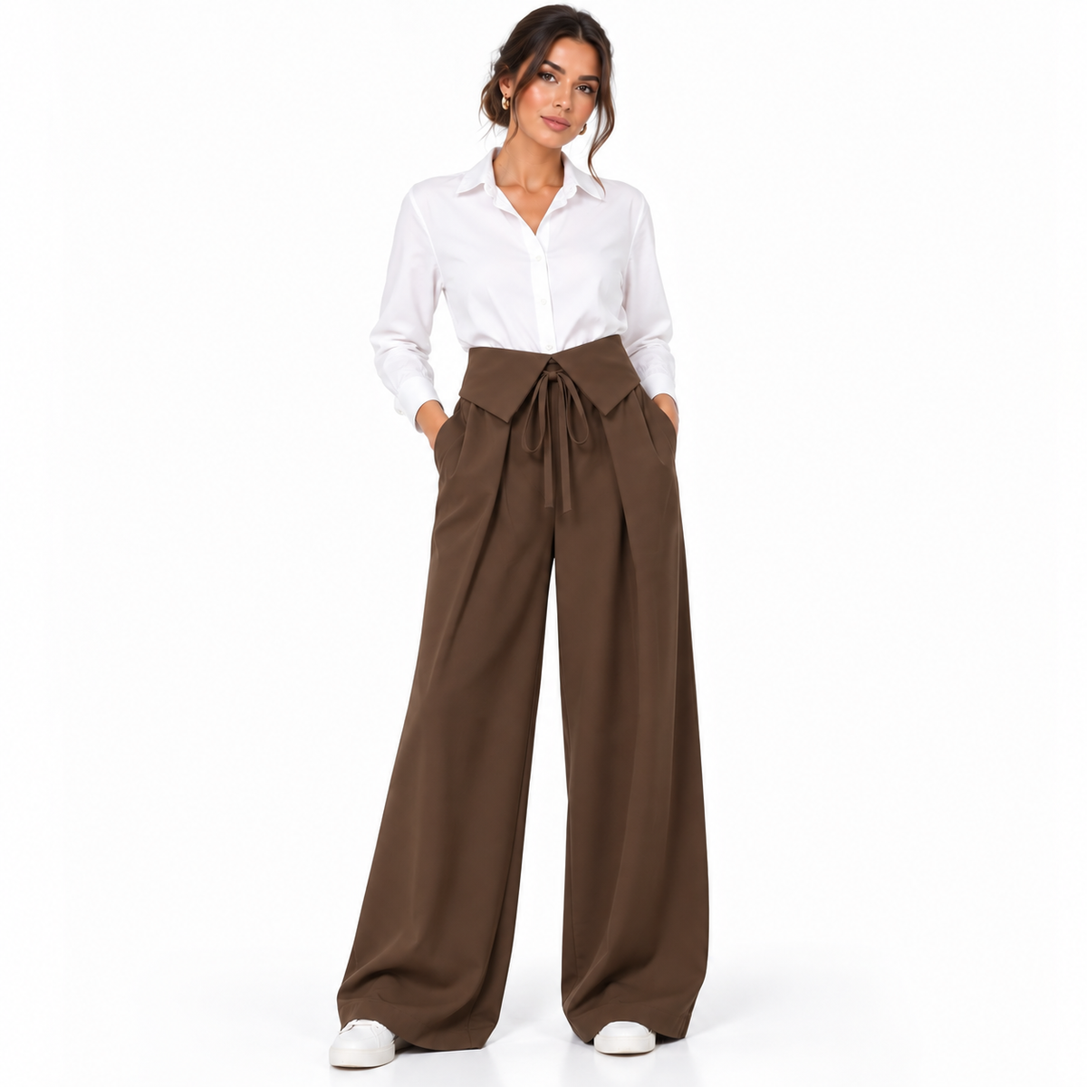 Pantalon Femme Palazzo à Rabats et Lien à Nouer, Taille Élastiquée au Dos