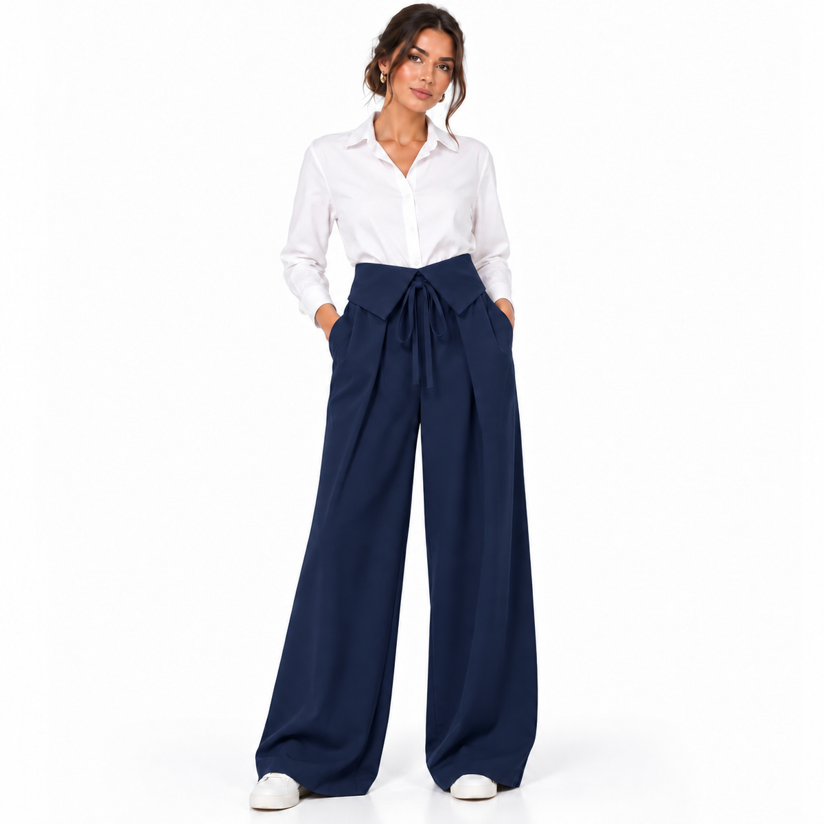 Pantalon Femme Palazzo à Rabats et Lien à Nouer, Taille Élastiquée au Dos