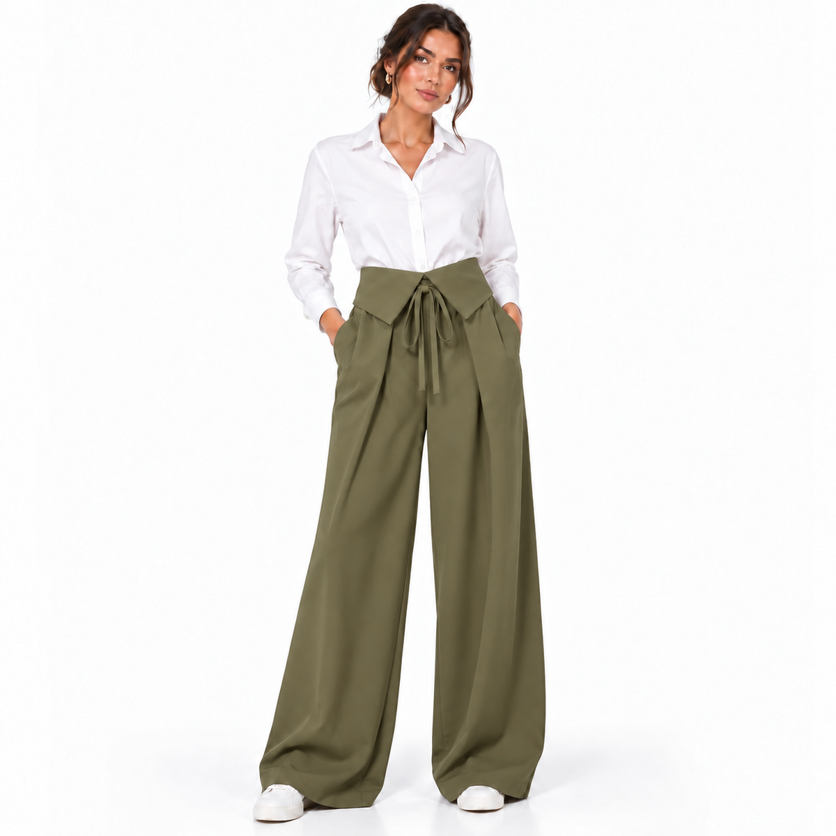 Pantalon Femme Palazzo à Rabats et Lien à Nouer, Taille Élastiquée au Dos