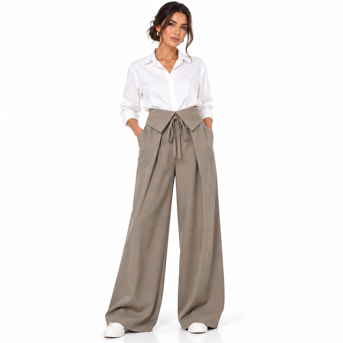 Pantalon Femme Palazzo à Rabats et Lien à Nouer, Taille Élastiquée au Dos
