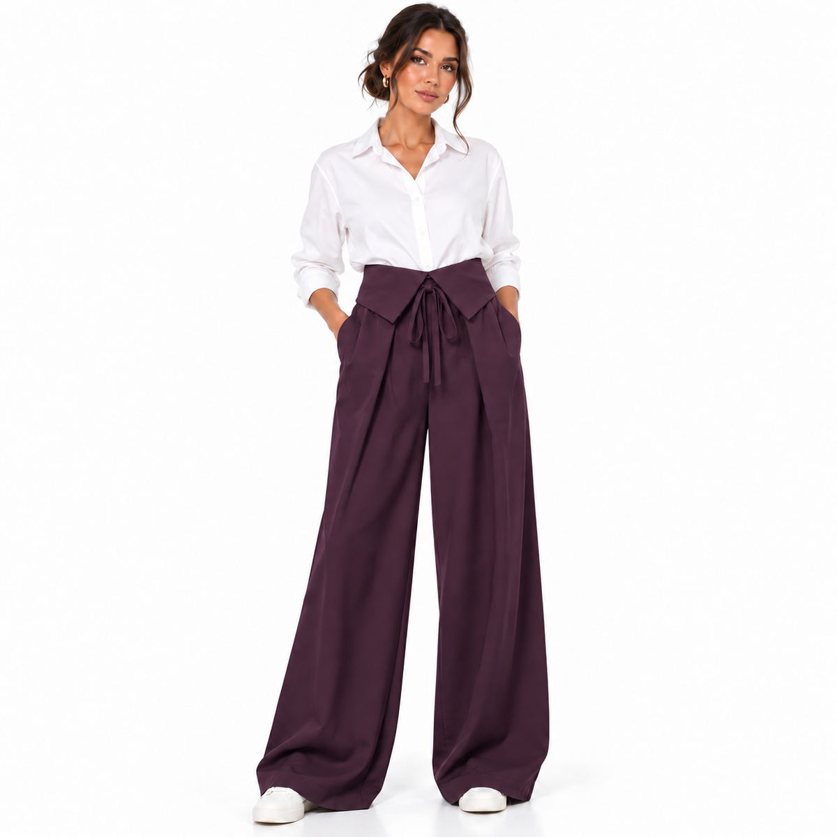 Pantalon Femme Palazzo à Rabats et Lien à Nouer, Taille Élastiquée au Dos