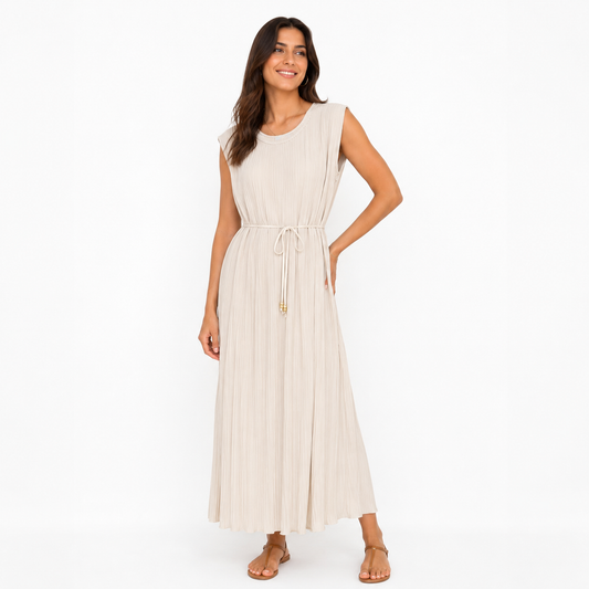 Robe Longue Plissée Sans Manches avec Ceinture Ajustable Élégante