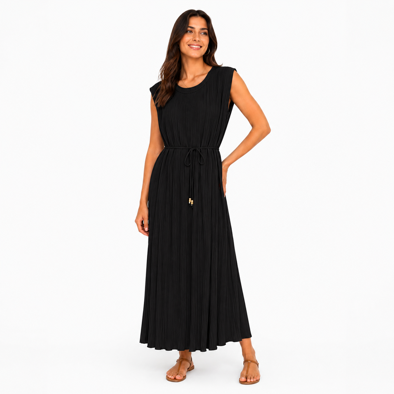 Robe Longue Plissée Sans Manches avec Ceinture Ajustable Élégante