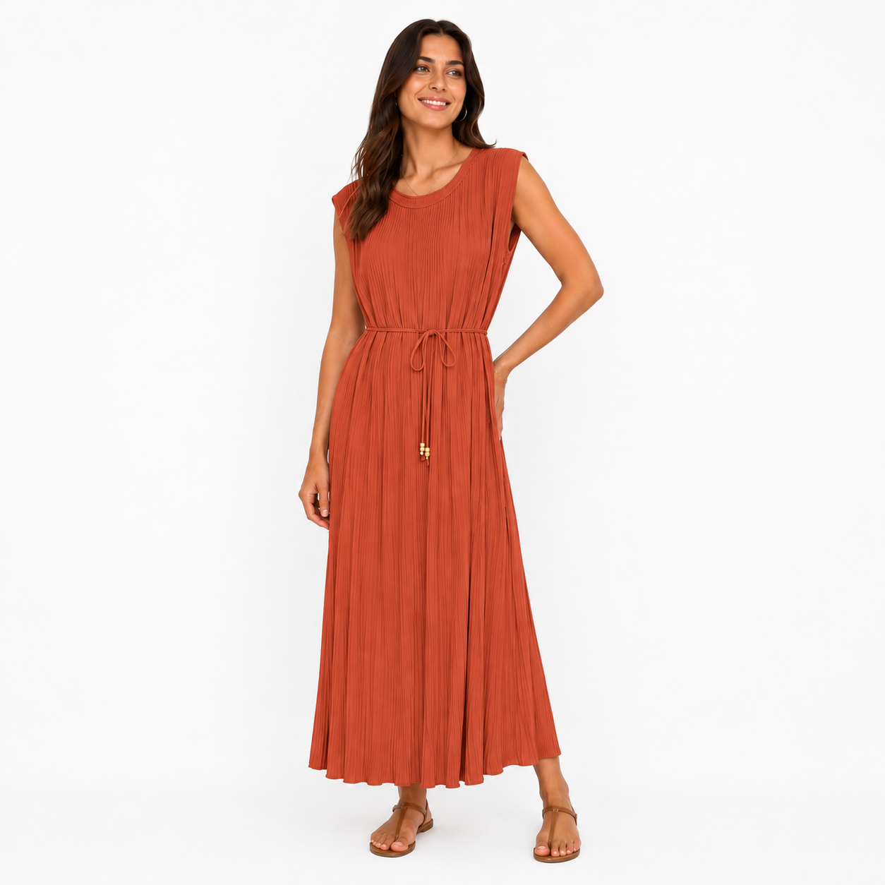 Robe Longue Plissée Sans Manches avec Ceinture Ajustable Élégante