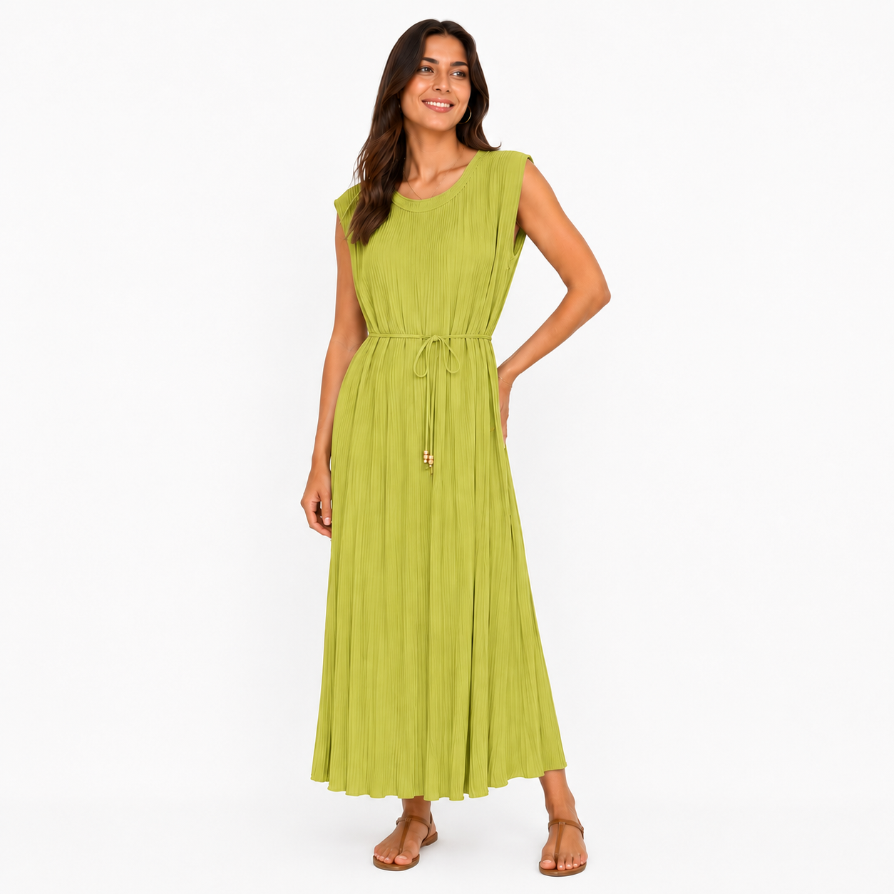 Robe Longue Plissée Sans Manches avec Ceinture Ajustable Élégante