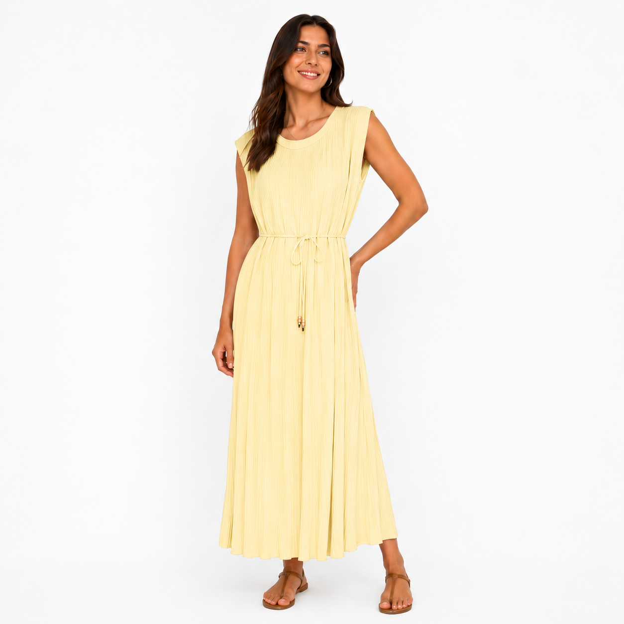 Robe Longue Plissée Sans Manches avec Ceinture Ajustable Élégante