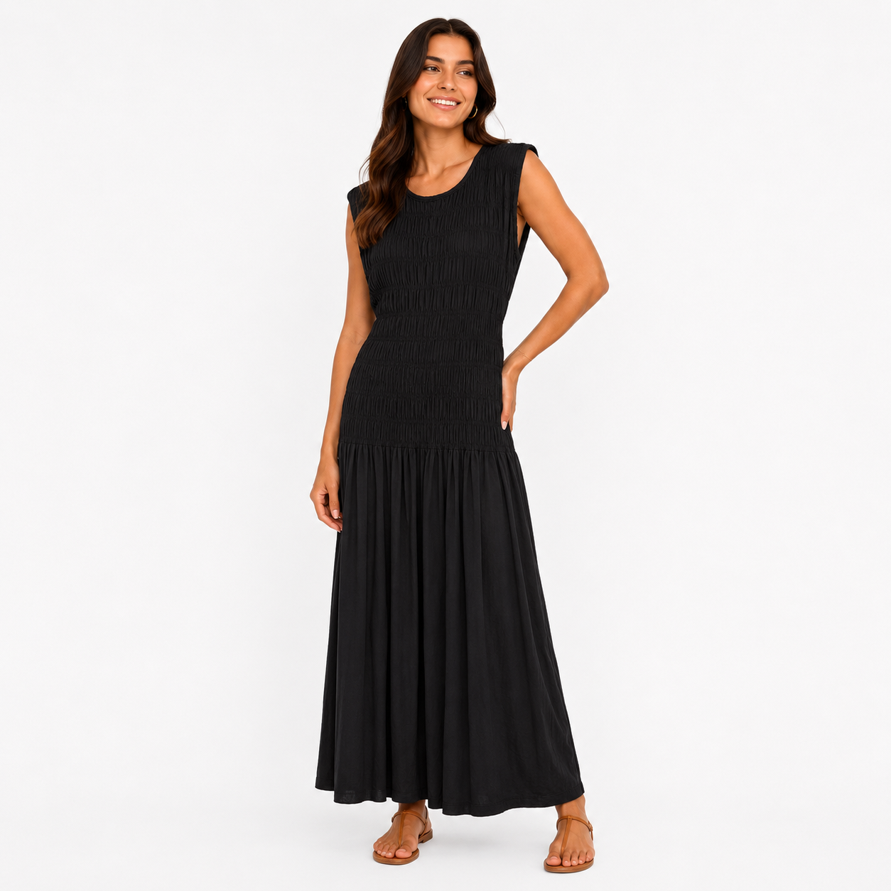 Robe Longue Bohème Froncée Sans Manches Coupe Fluide Élégante