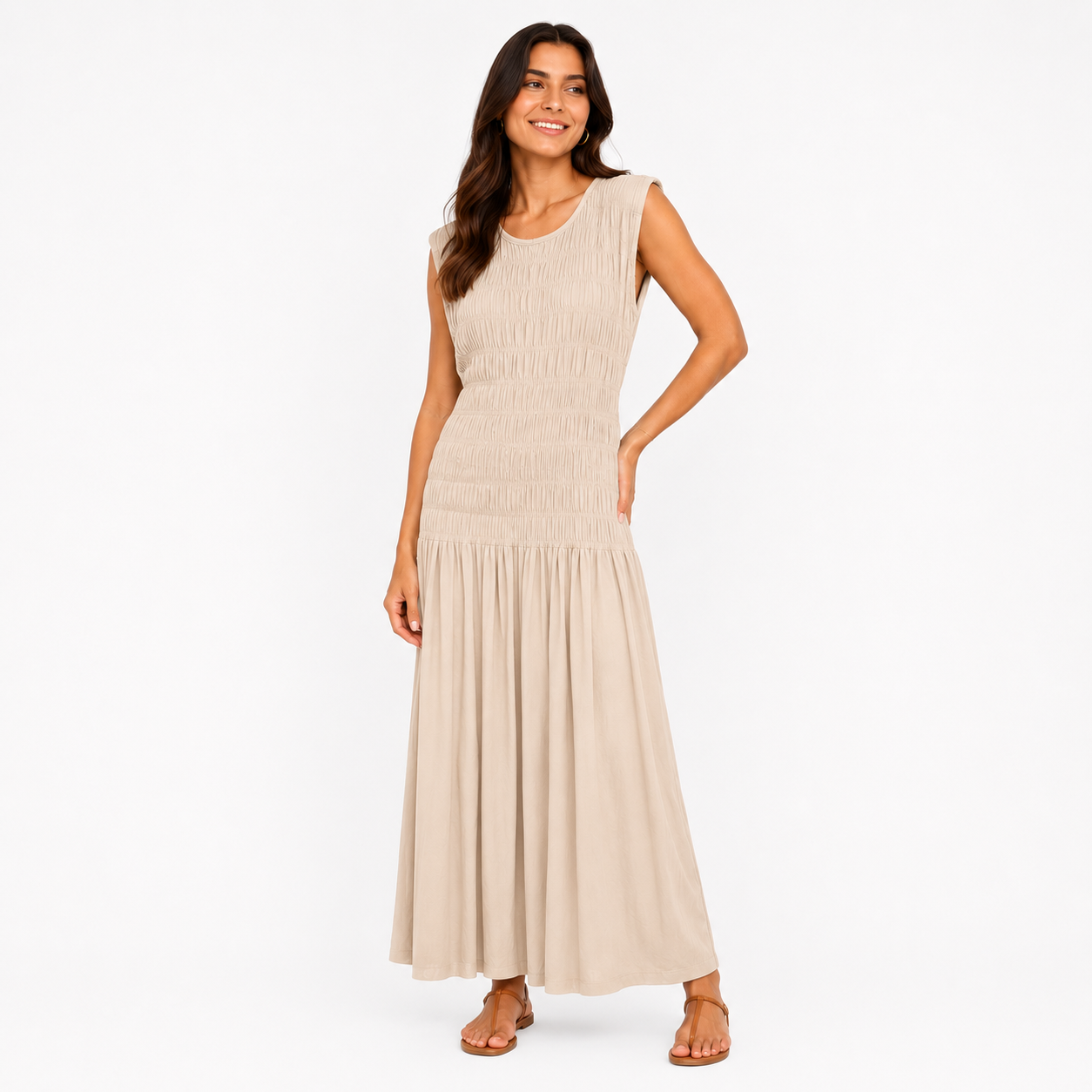 Robe Longue Bohème Froncée Sans Manches Coupe Fluide Élégante