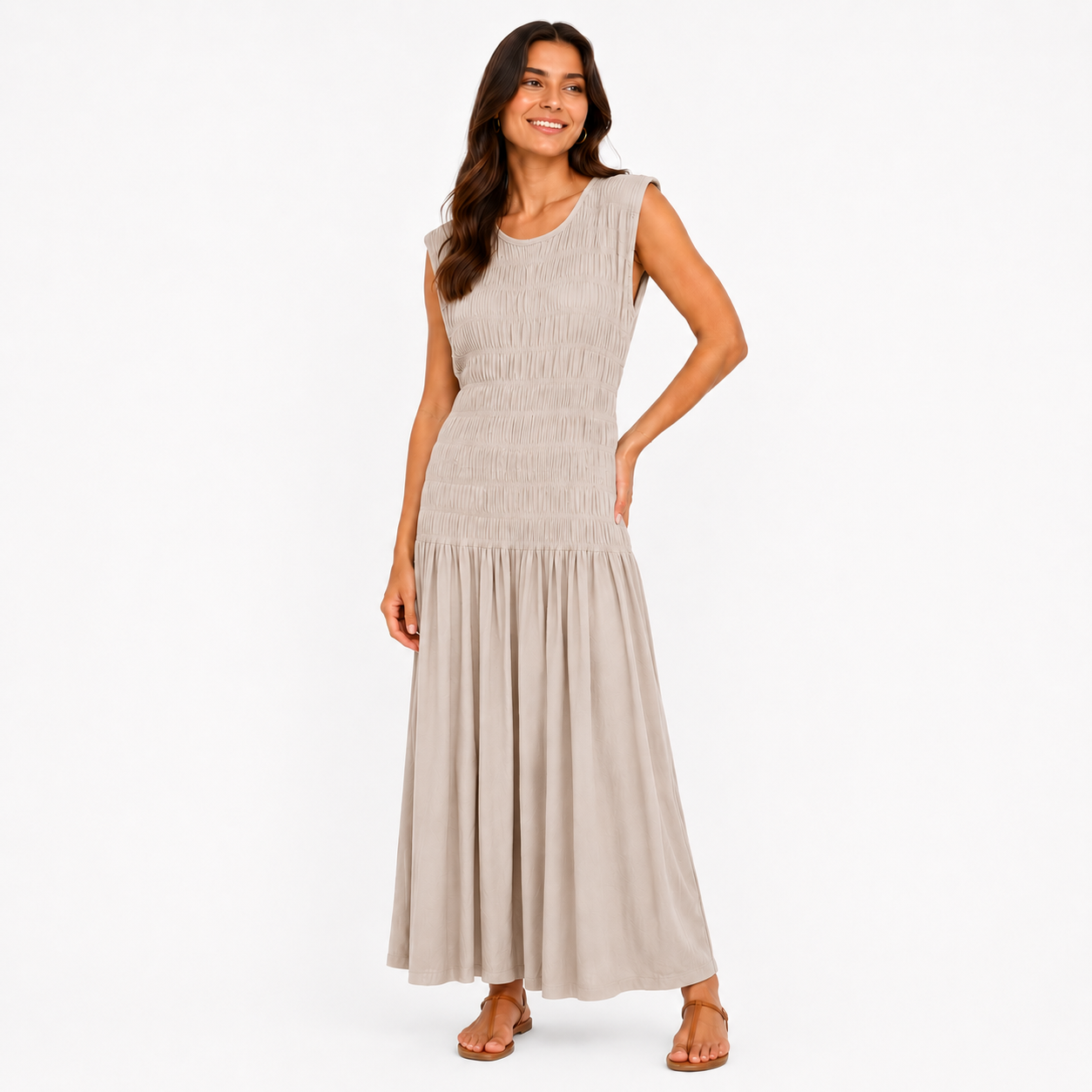 Robe Longue Bohème Froncée Sans Manches Coupe Fluide Élégante