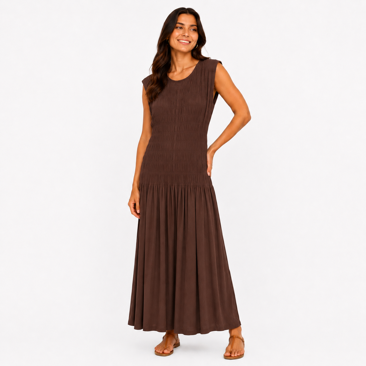 Robe Longue Bohème Froncée Sans Manches Coupe Fluide Élégante