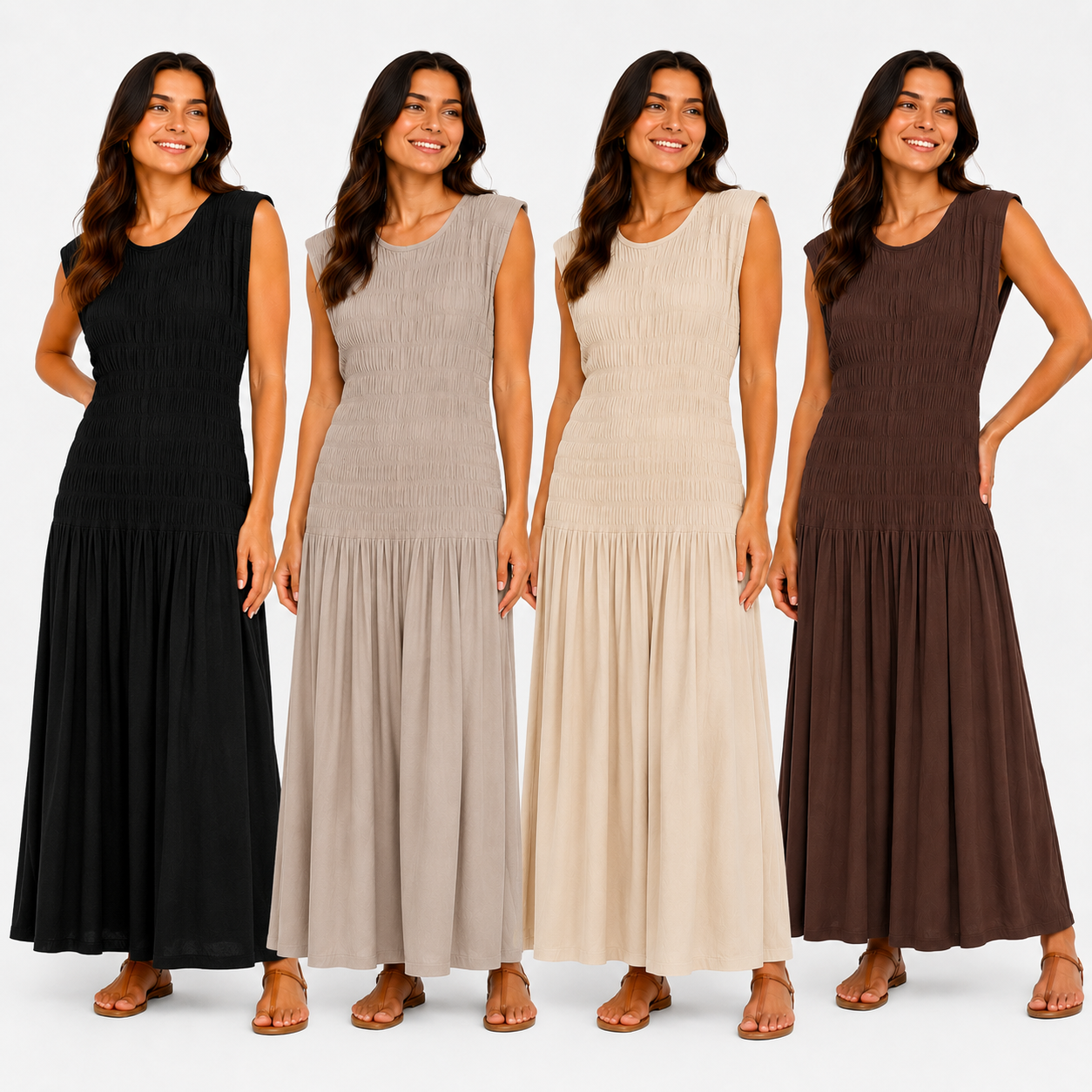 Robe Longue Bohème Froncée Sans Manches Coupe Fluide Élégante