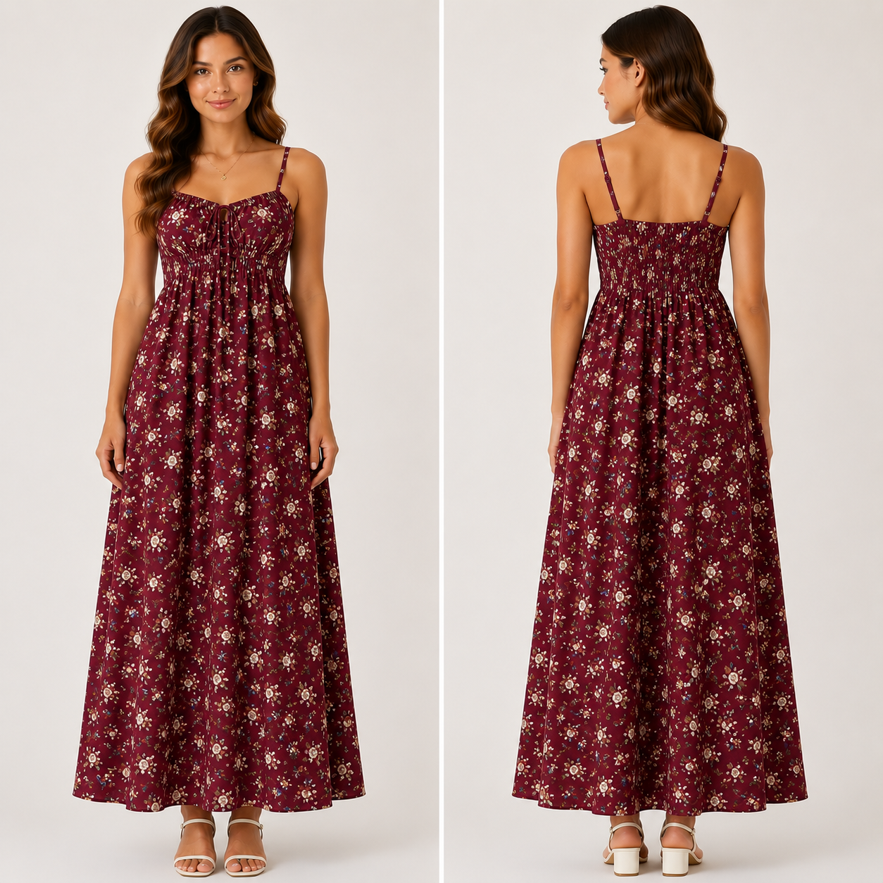 Robe Longue Fleurie Beige Bohème Élégante Bretelles Réglables Femme